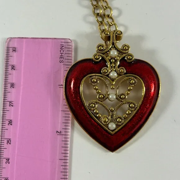 Vintage Avon Heart Pendant Necklace Gold Tone Faux Pearl Red Enamel Ornate Open